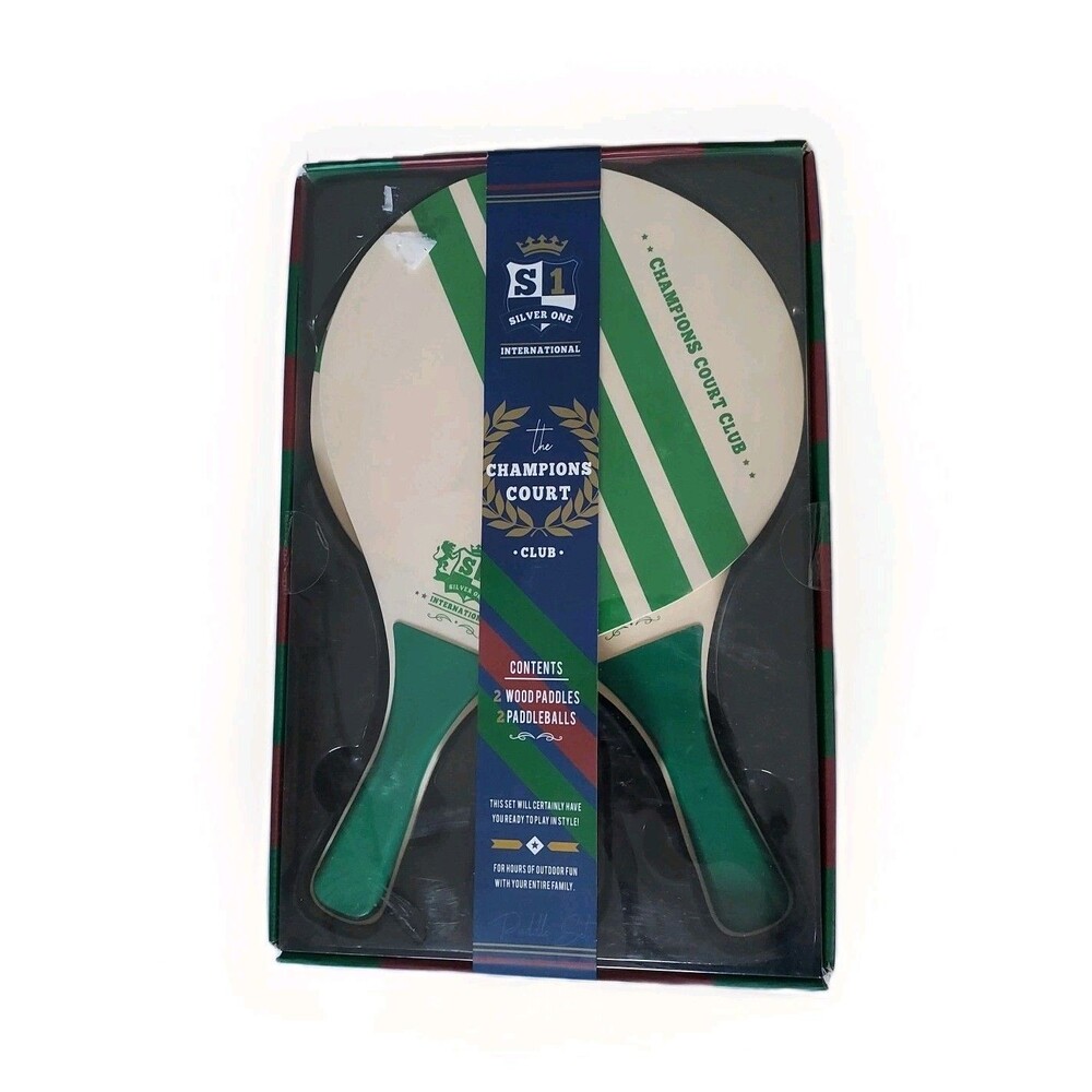 Champions Court Club Wooden Paddles With 2 Paddleballs - Green Rackets - NEW